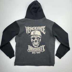 Vengeance University Skull Zip Hoodie Mens XXL Gray Black Full Zip Graphic Biker